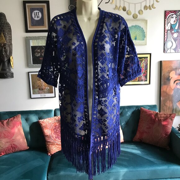 CHICO'S size 2 / M Sheer Blue Mesh Embroidered Fringe Kimono Cardigan Boho - Picture 1 of 5